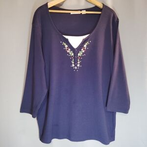 I.B. Diffusion Women’s Plus Size 2X Navy Blue Embroidered Top – Boho Chic V-Neck